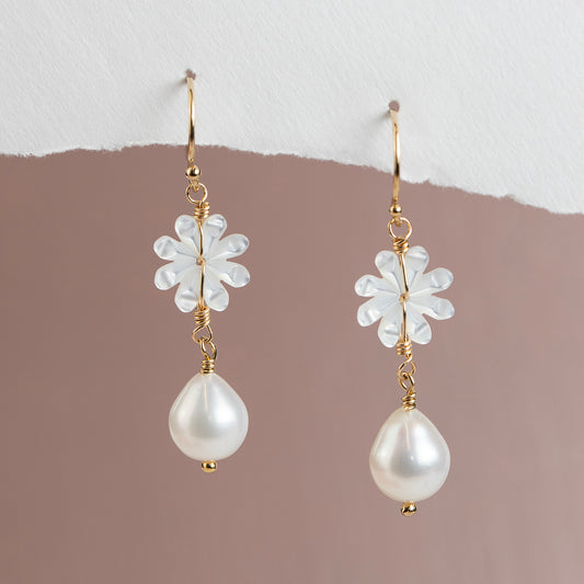 Mother of Pearl Flower Earrings - Silver & Gold