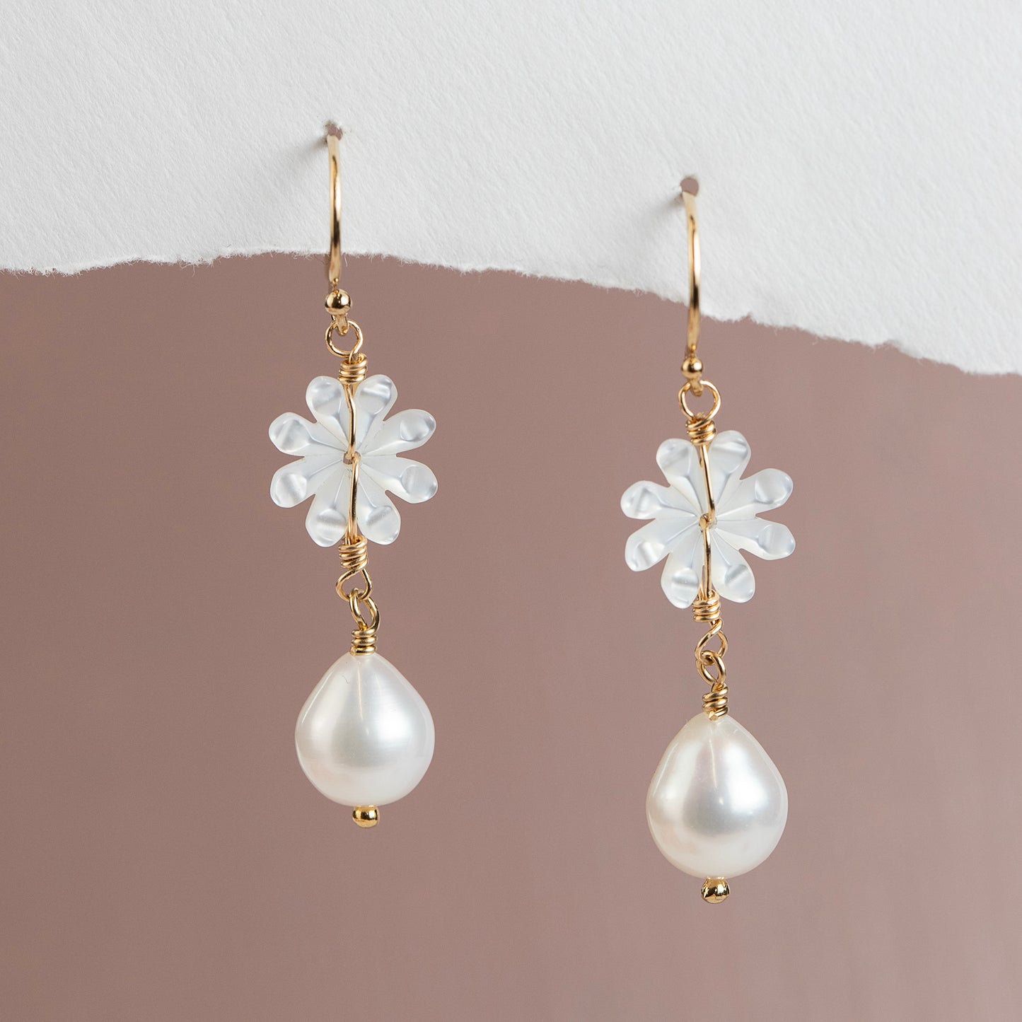 Mother's Day Gift - Mother of Pearl Flower Earrings - Silver & Gold