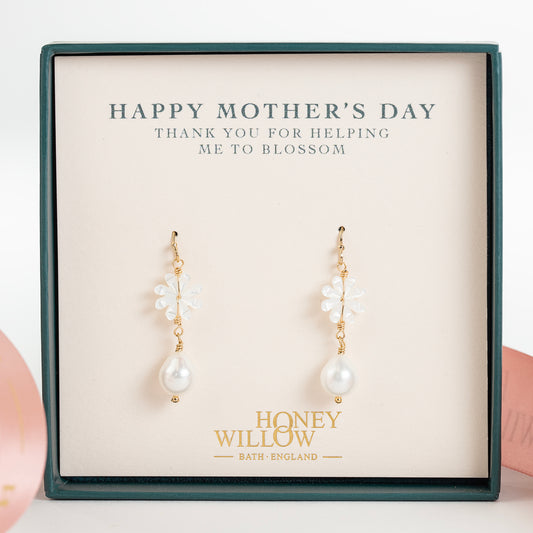 Mother's Day Gift - Mother of Pearl Flower Earrings - Silver & Gold