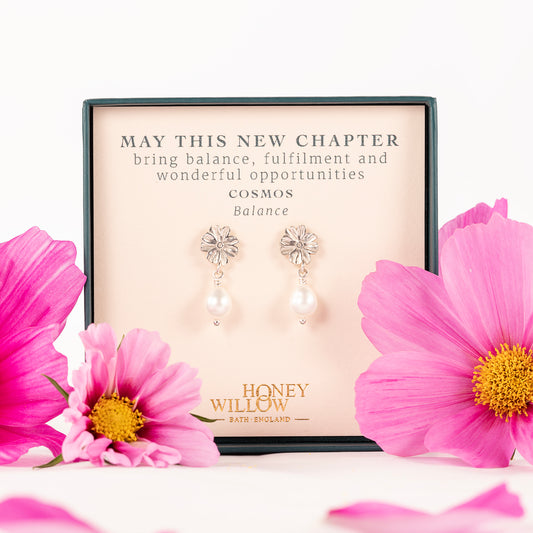 New Chapter Gift - Cosmos Flower Earrings - Silver & Pearl