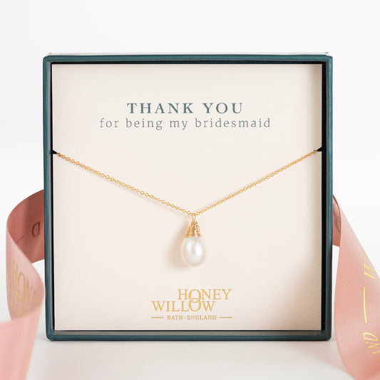 Bridesmaid Thank You Gift - Pearl Drop Necklace - Silver & Gold