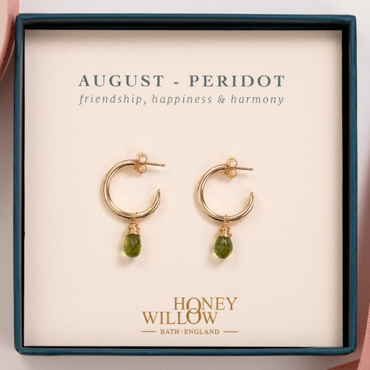 August Birthstone Earrings - Peridot Gold Hoops - 1.5cm