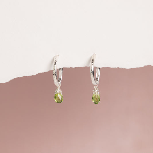 August Birthstone Earrings - Peridot Silver Hoops - 1.5cm
