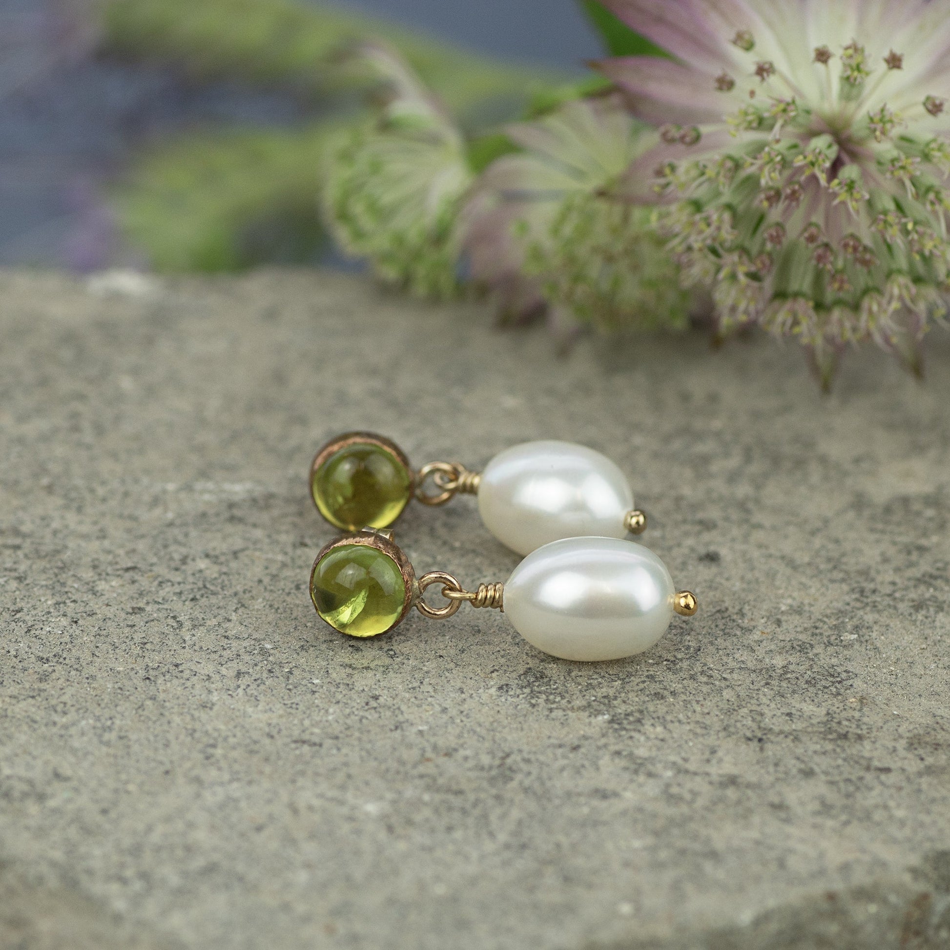 Peridot & Pearl Earrings - Silver & Gold