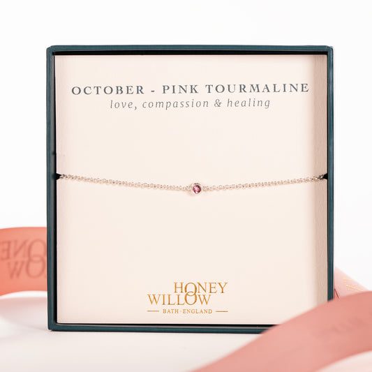 October Birthstone Bracelet - Single Pink Tourmaline Solitaire - Silver