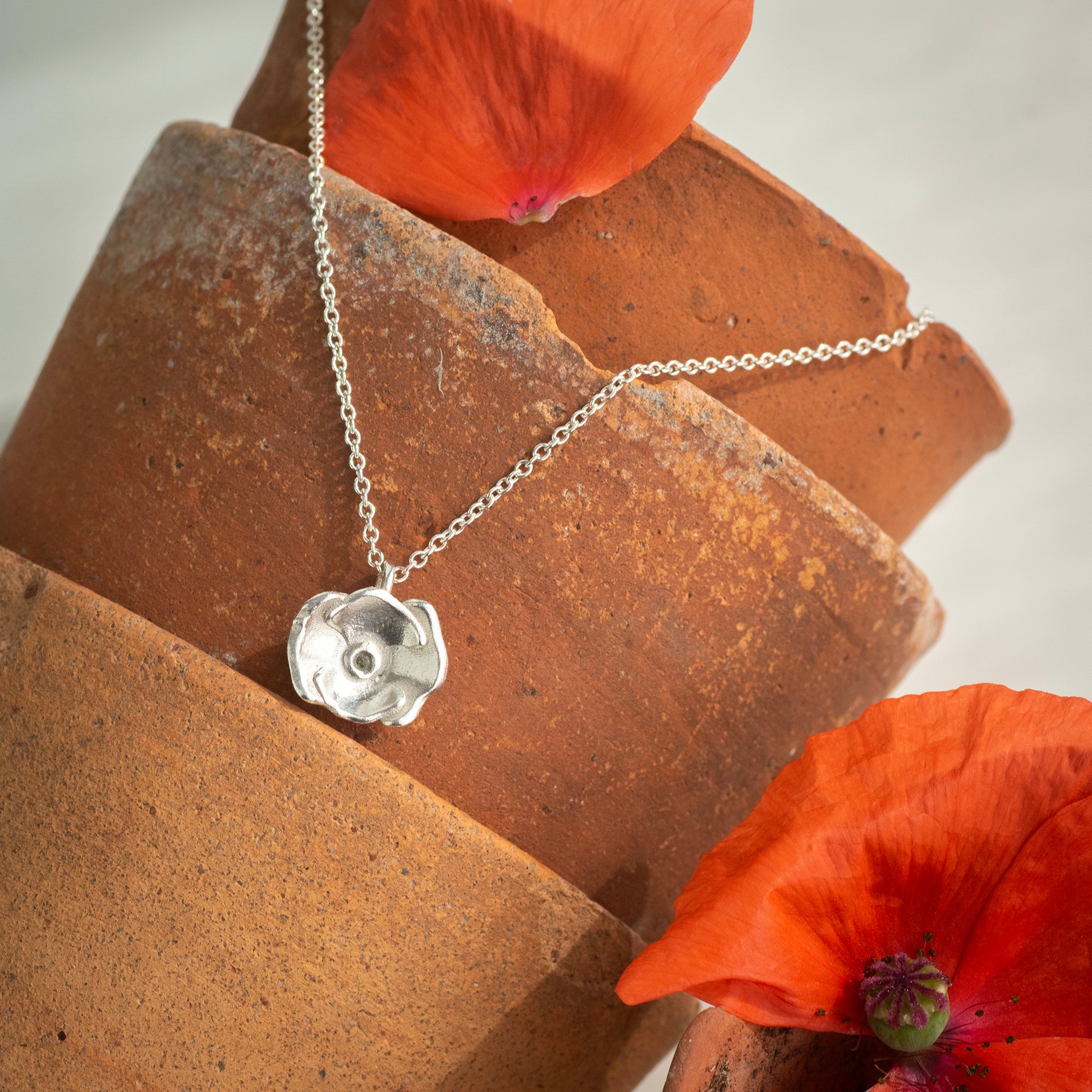 Poppy Birthstone Necklace - Remembrance - Silver