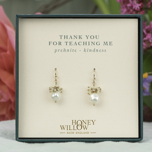 Thank You Gift For Teacher - Prehnite & Pearl Earrings - Silver & Gold