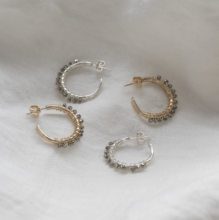 Pyrite Hoop Earrings - Protection - Silver & Gold - 2cm