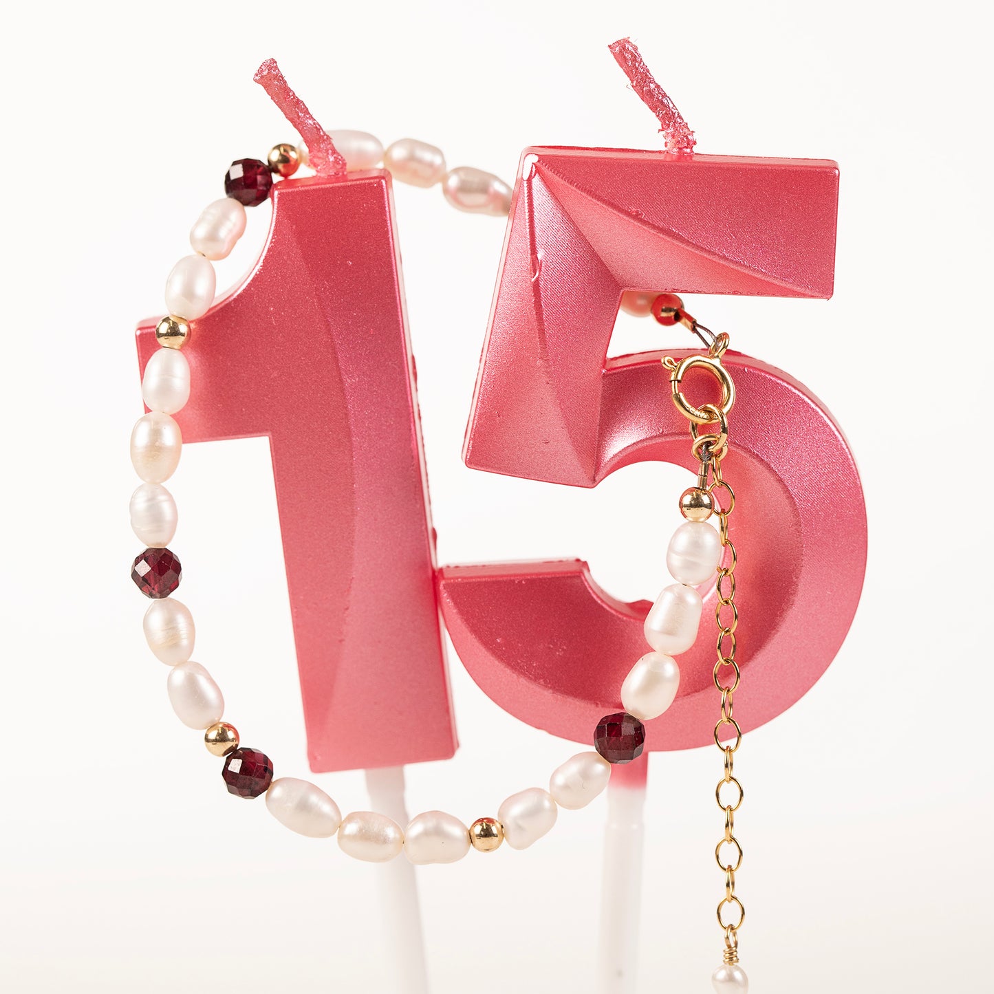 15th Birthday Gift - Pearl and Rhodolite Bracelet - Silver & Gold