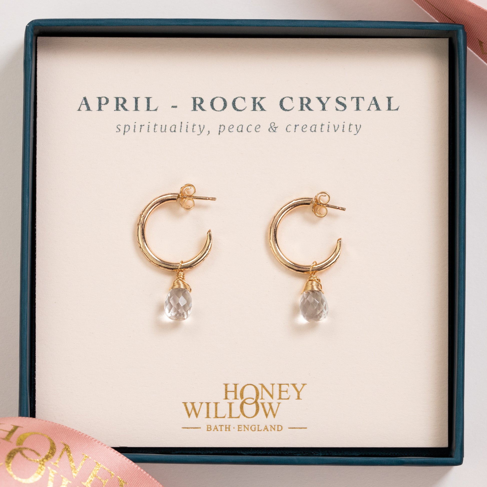 April Birthstone Earrings - Rock Crystal Gold Hoops - 1.5cm