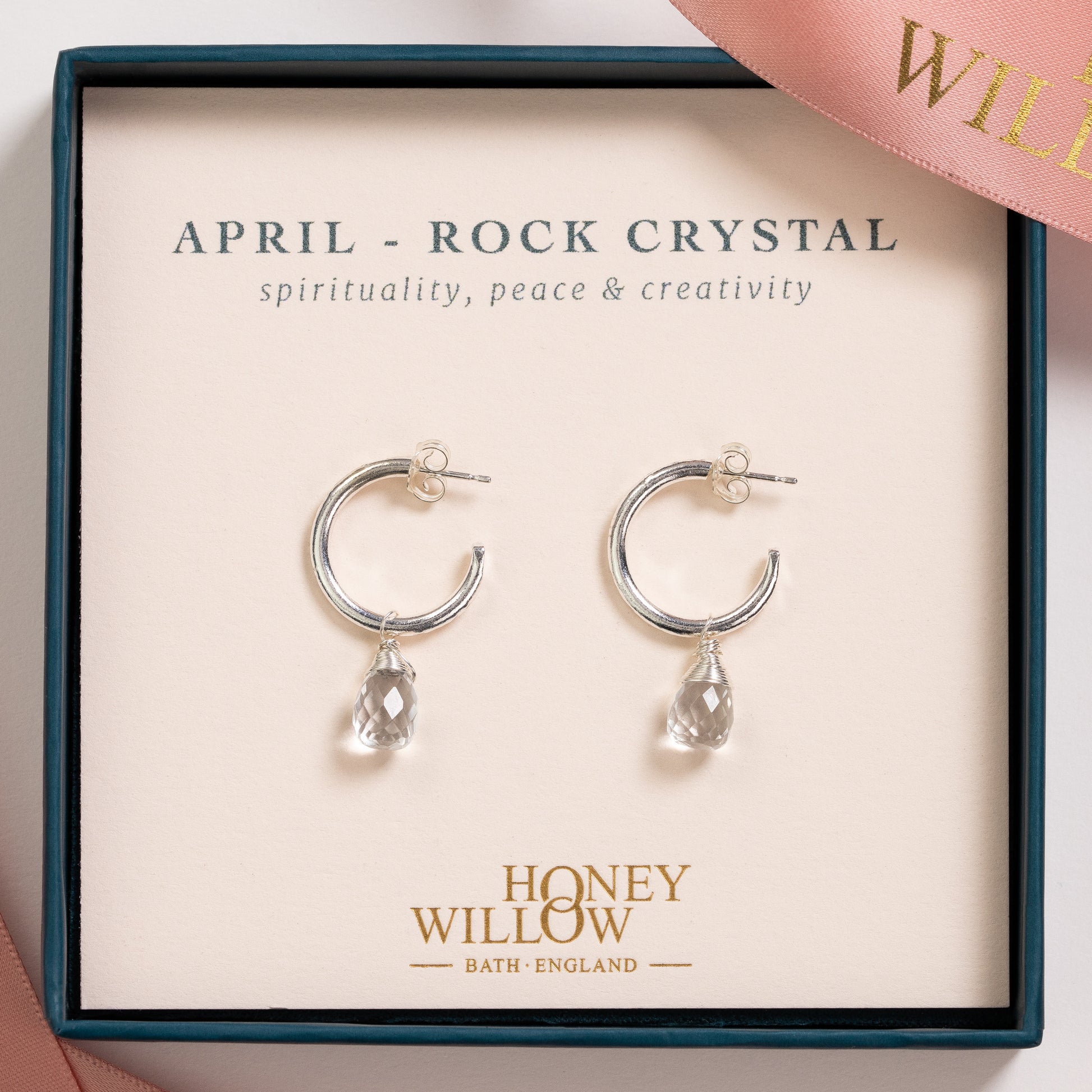 April Birthstone Earrings - Rock Crystal Silver Hoops - 1.5cm