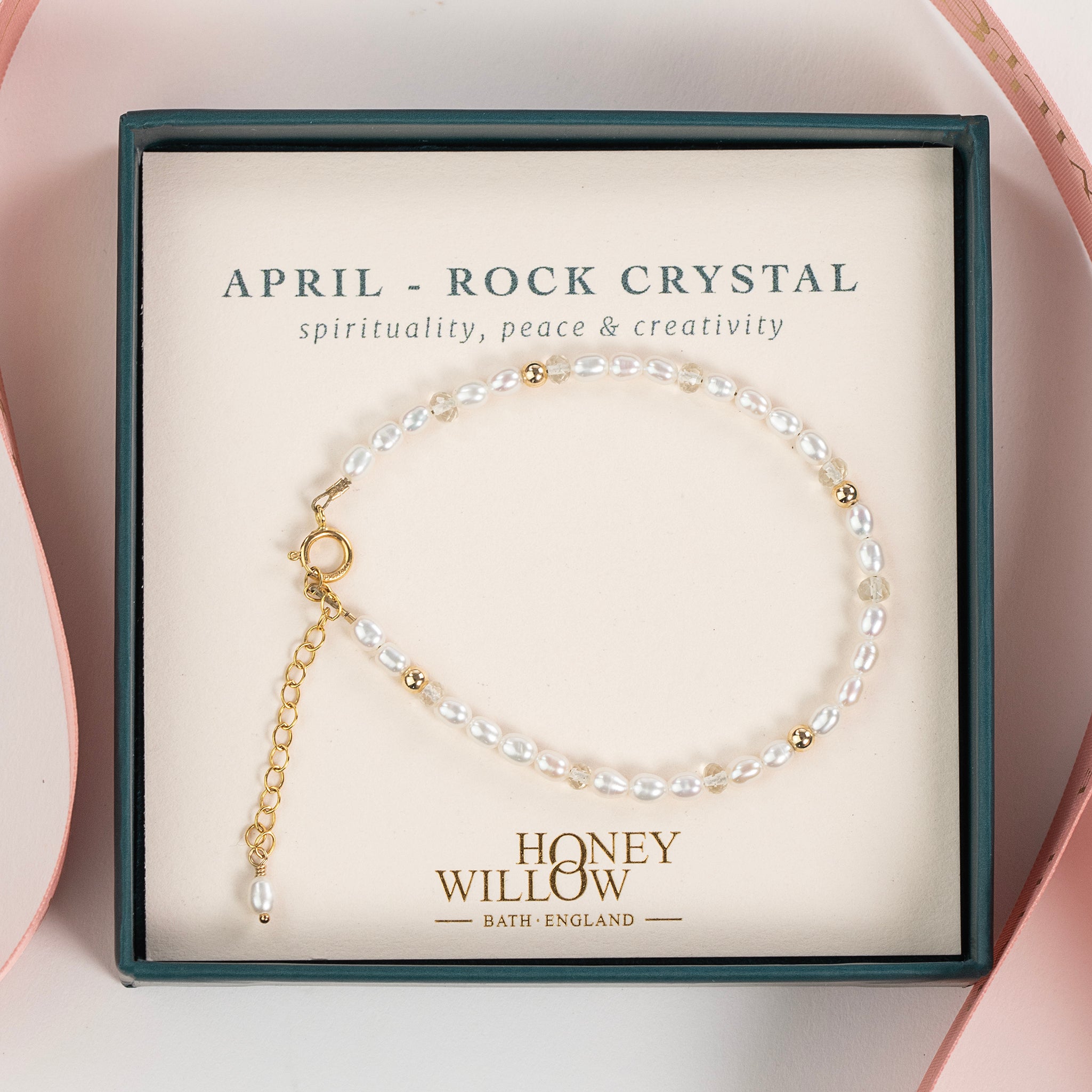 April Birthstone Bracelet - Seed Pearl & Rock Crystal - Silver & Gold ...