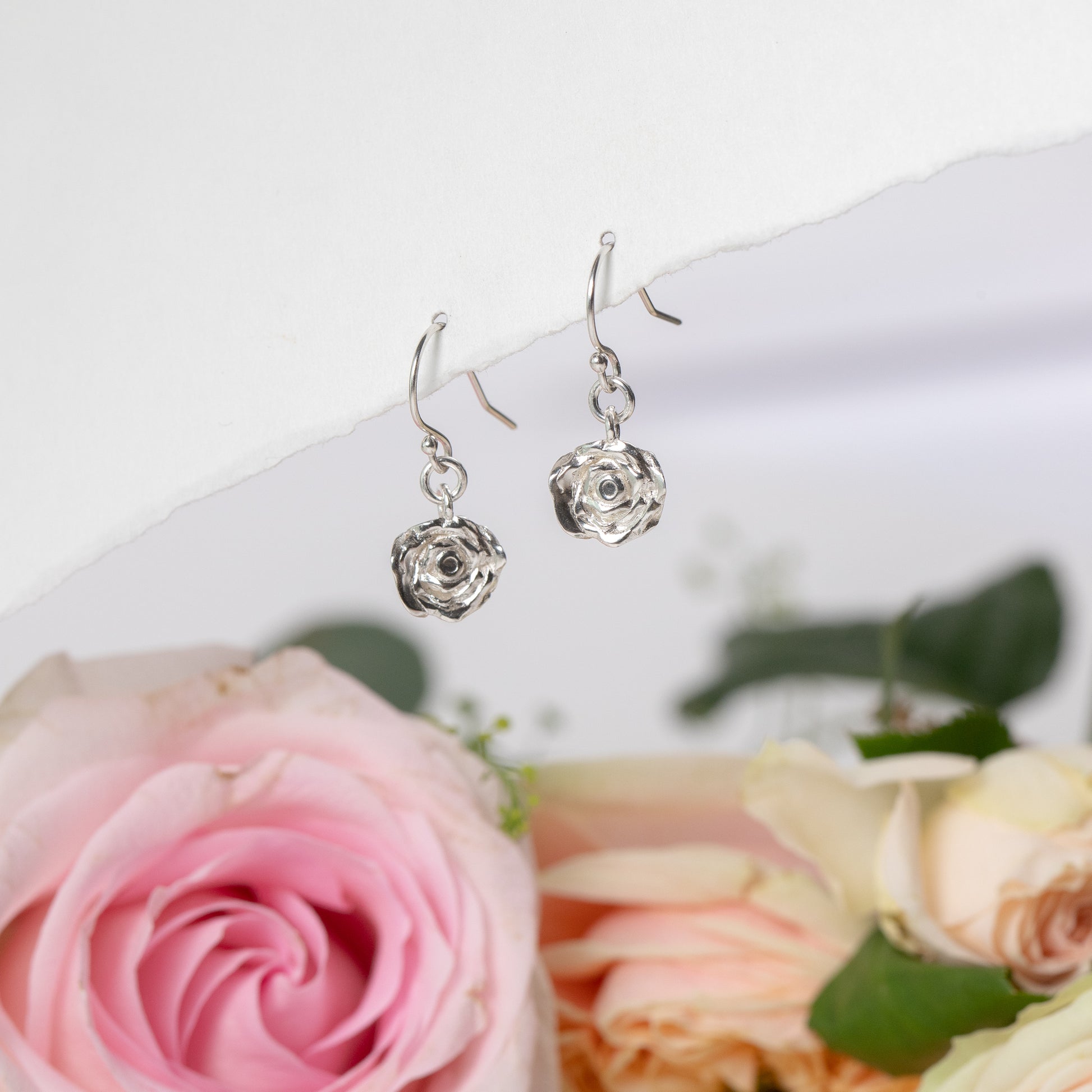 silver rose earrings