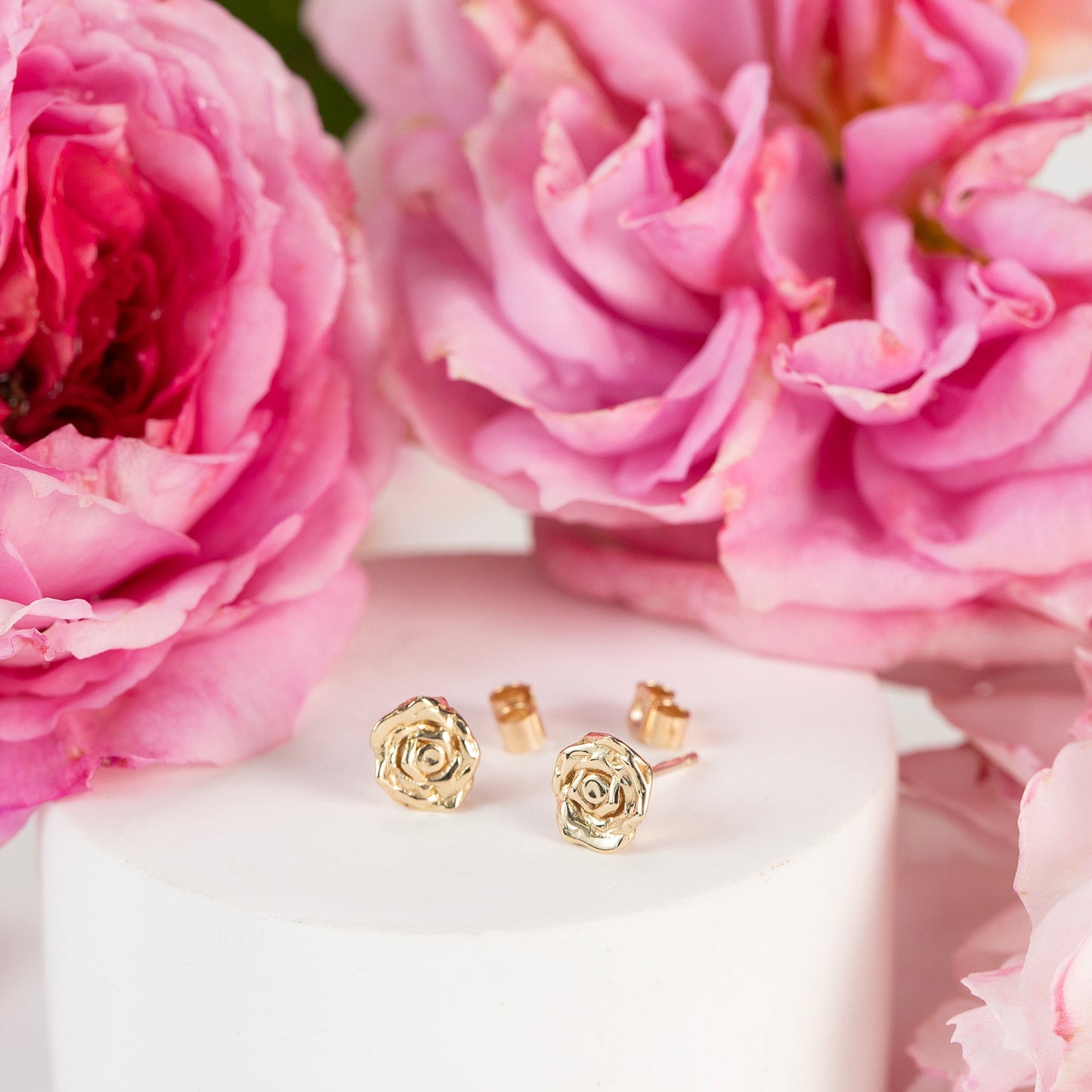 15th Anniversary Gift - Rose Flower Stud Earrings - 9kt Gold