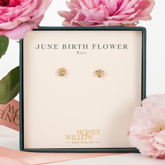 June Birth Flower Earrings - Rose Studs - 9kt Gold