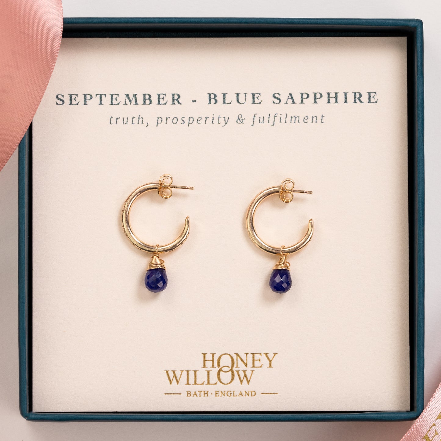 September Birthstone Earrings - Sapphire Gold Hoops - 1.5cm