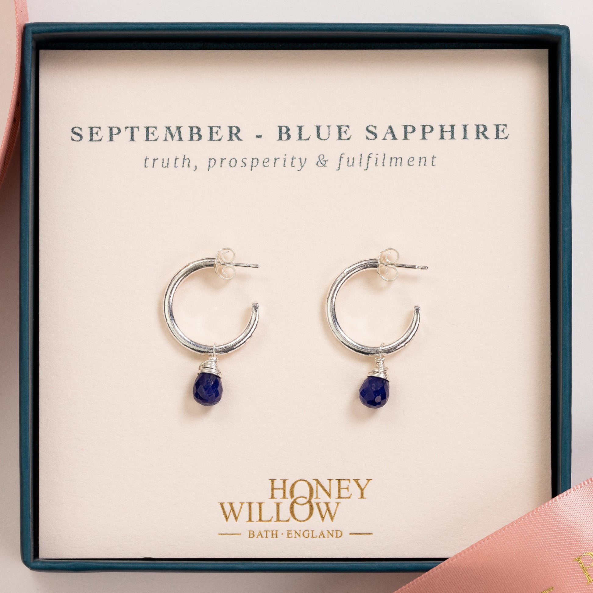 September Birthstone Earrings - Sapphire Silver Hoops - 1.5cm
