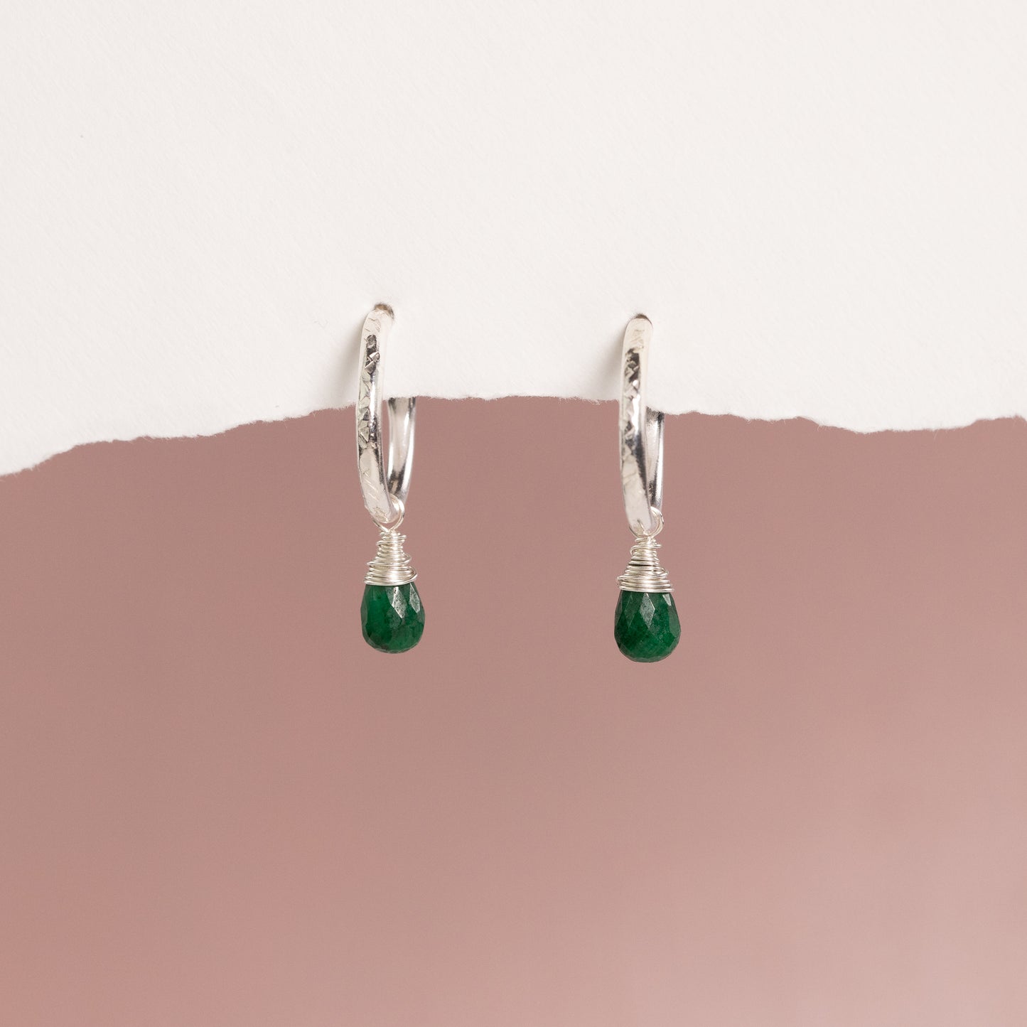 May Birthstone Earrings - Emerald Silver Hoops - 1.5cm