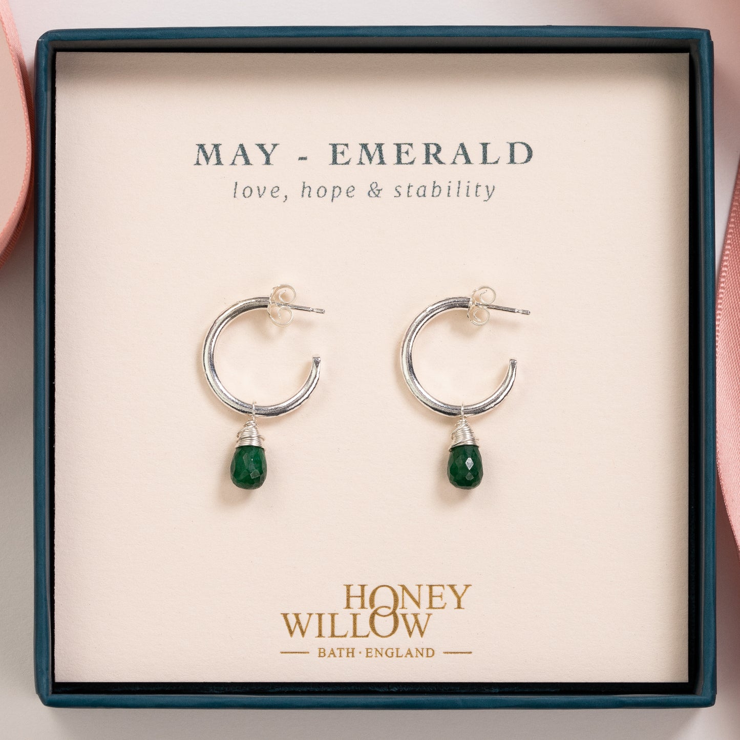 May Birthstone Earrings - Emerald Silver Hoops - 1.5cm