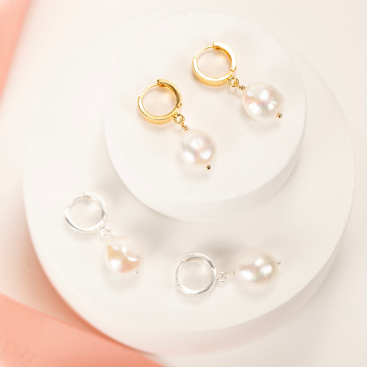 Huggie Hoop Earrings with Pearls - Silver & Gold