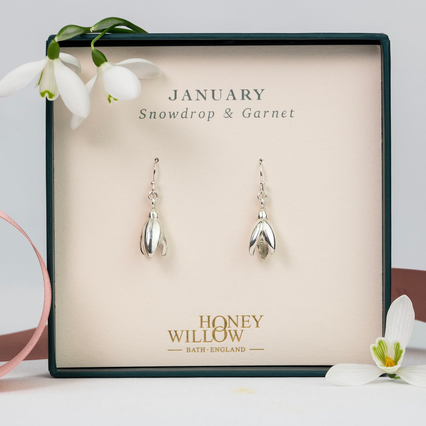 January Birth Flower & Birthstone Earrings - Snowdrop - Silver