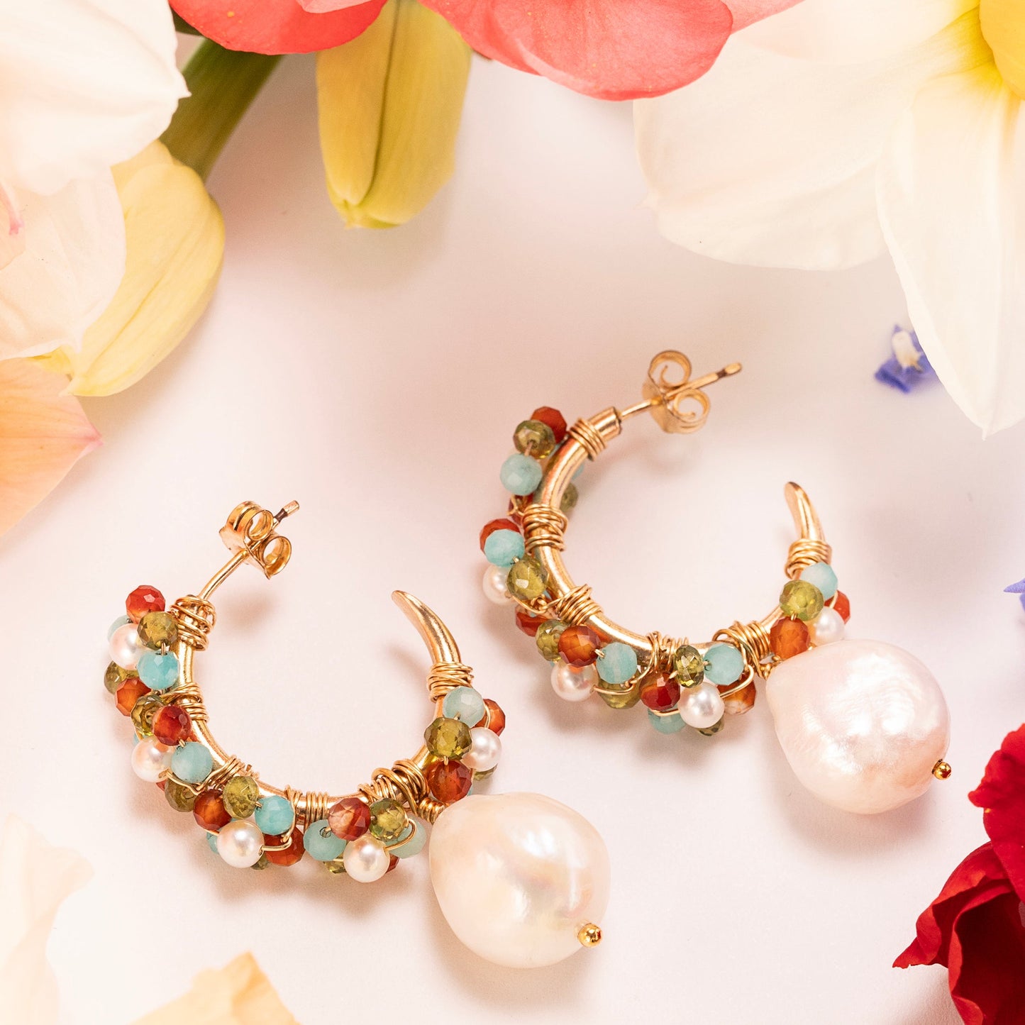 Spring Colour Palette Inspired Hoop Earrings - Warm Gemstones Pearls & Gold