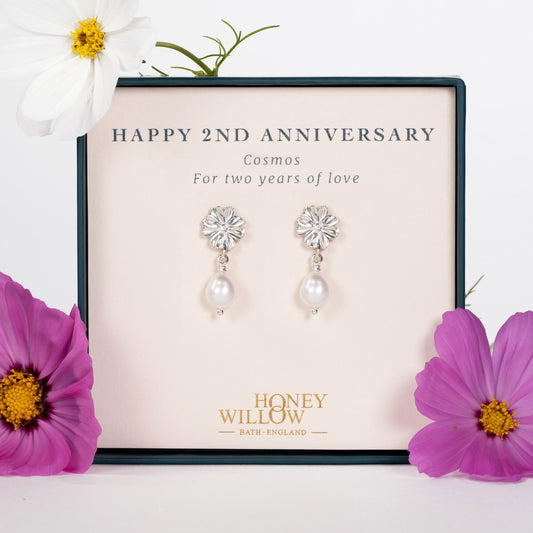 2nd Anniversary Gift - Cosmos Flower Earrings - Silver & Pearl