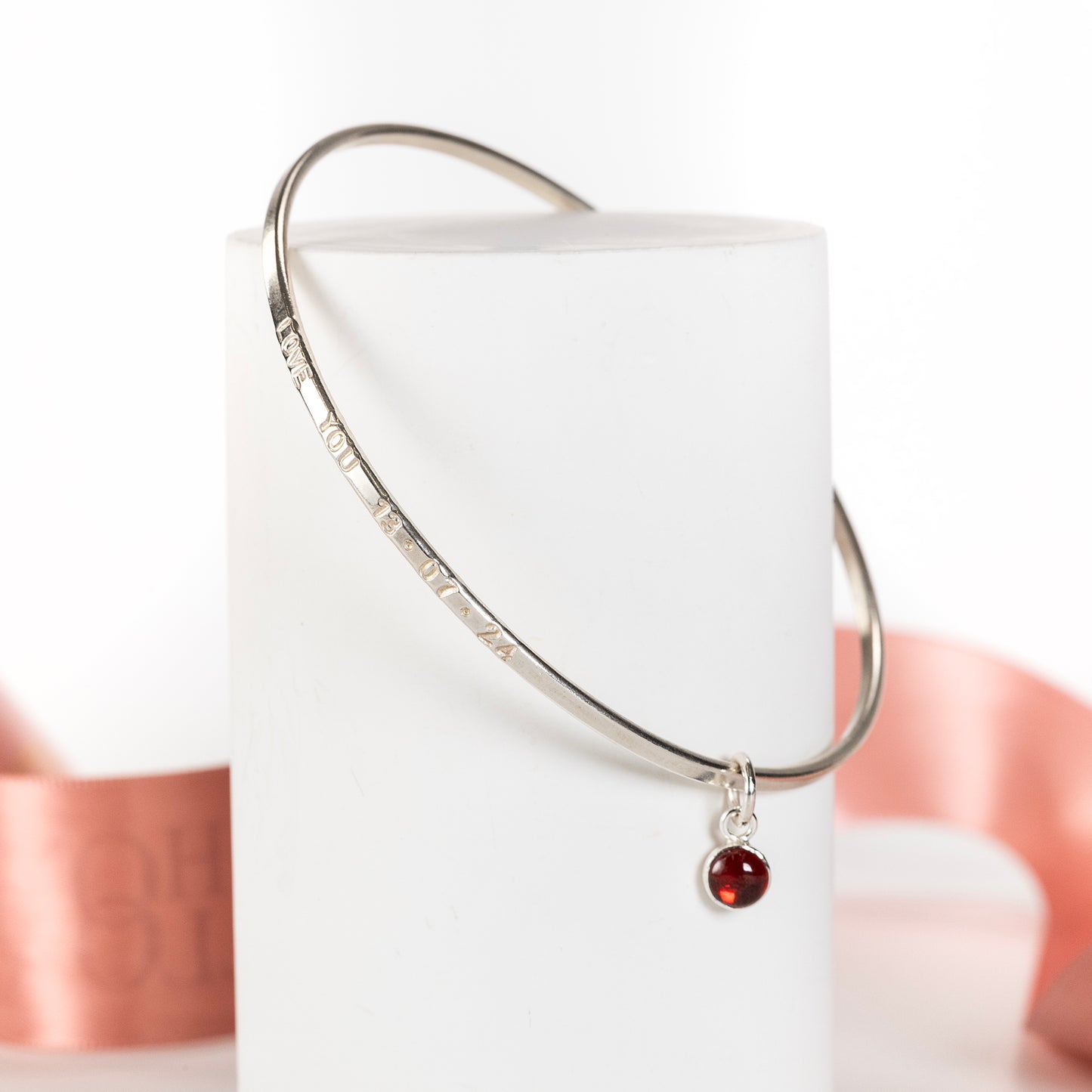 2nd Anniversary Gift - Personalised Garnet Bangle - Silver