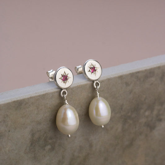 Star Set Birthstone Earrings with Pearls - Silver