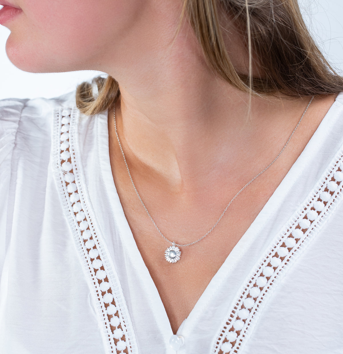3 Year Work Anniversary Gift - Sunflower Flower Necklace - Silver