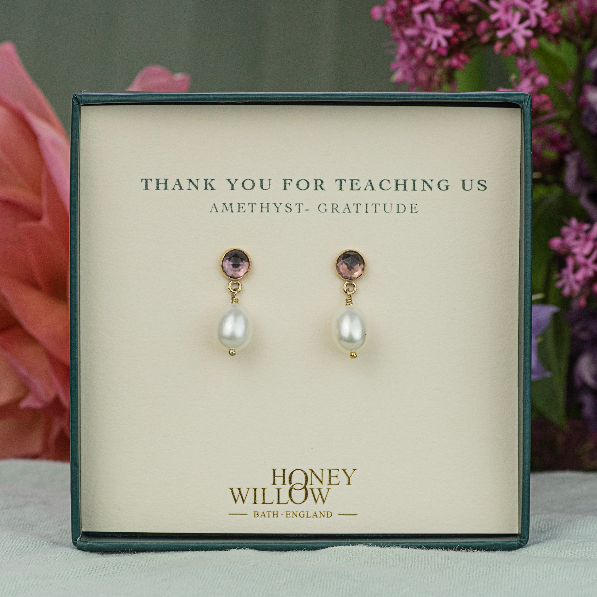 Thank You Gift for Teacher - Amethyst & Pearl Earrings - Silver & Gold