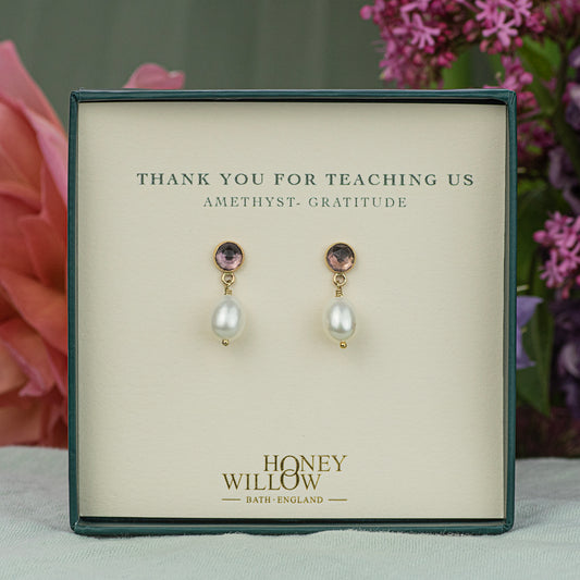 Thank You Gift for Teacher - Amethyst & Pearl Earrings - Silver & Gold