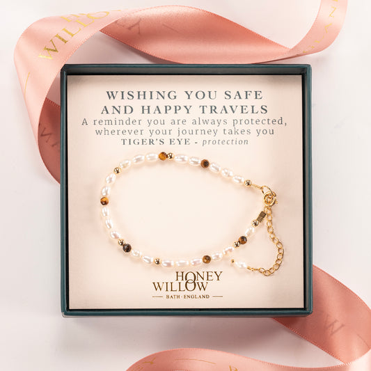 Safe Travels Bracelet – Tiger's Eye & Pearl Protection Bracelet - Silver & Gold