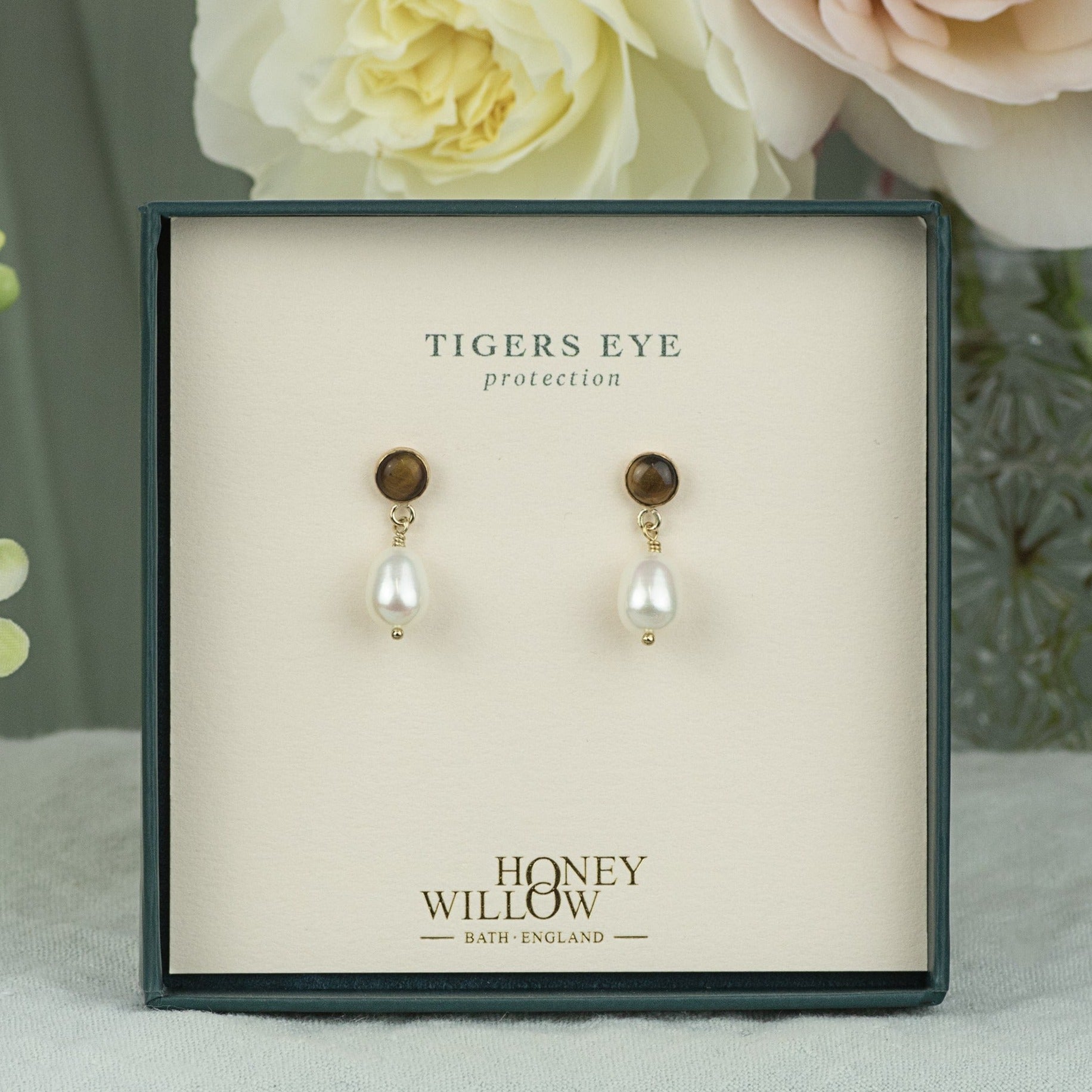 Tigers Eye & Pearl Earrings - Protection - Silver & Gold