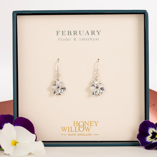 February Birth Flower & Birthstone Earrings - Violet & Amethyst - Silver