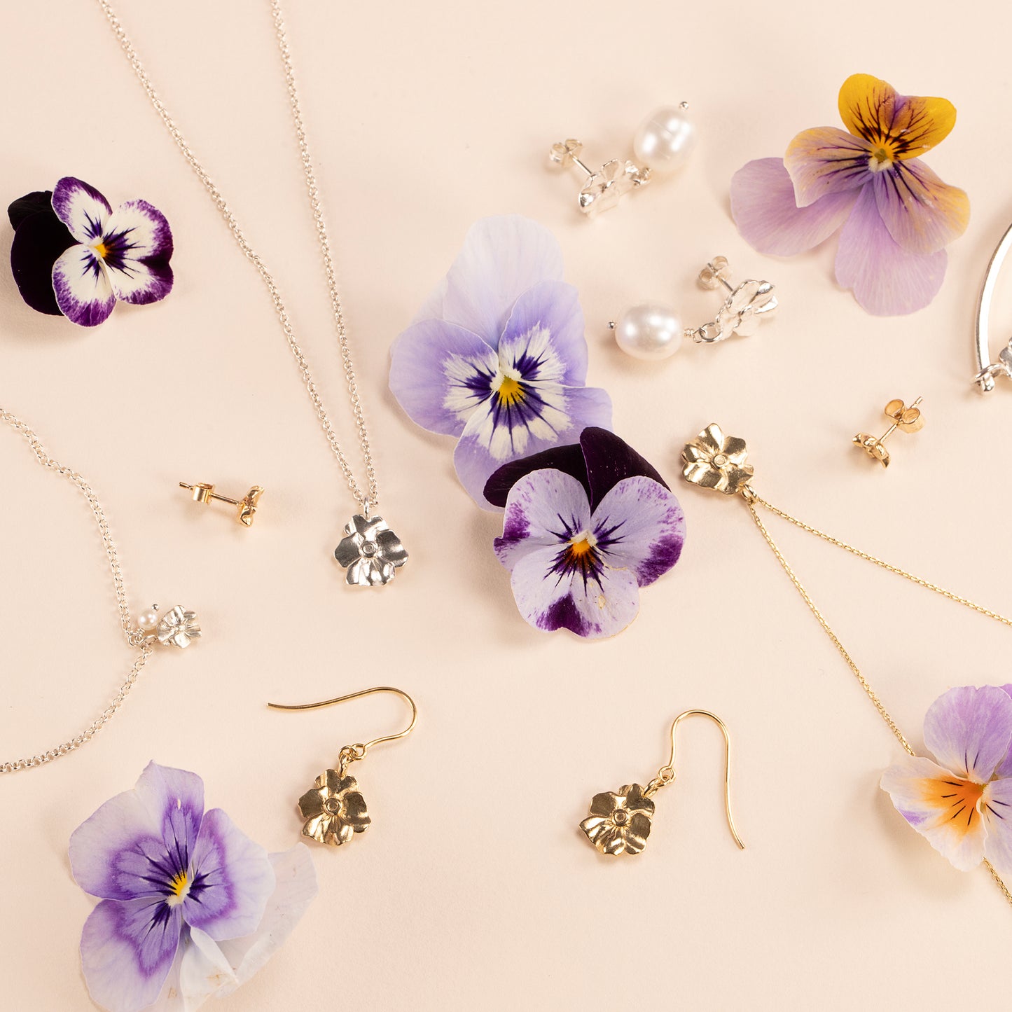 Violet Flower Earrings - Faith - Silver & Pearl