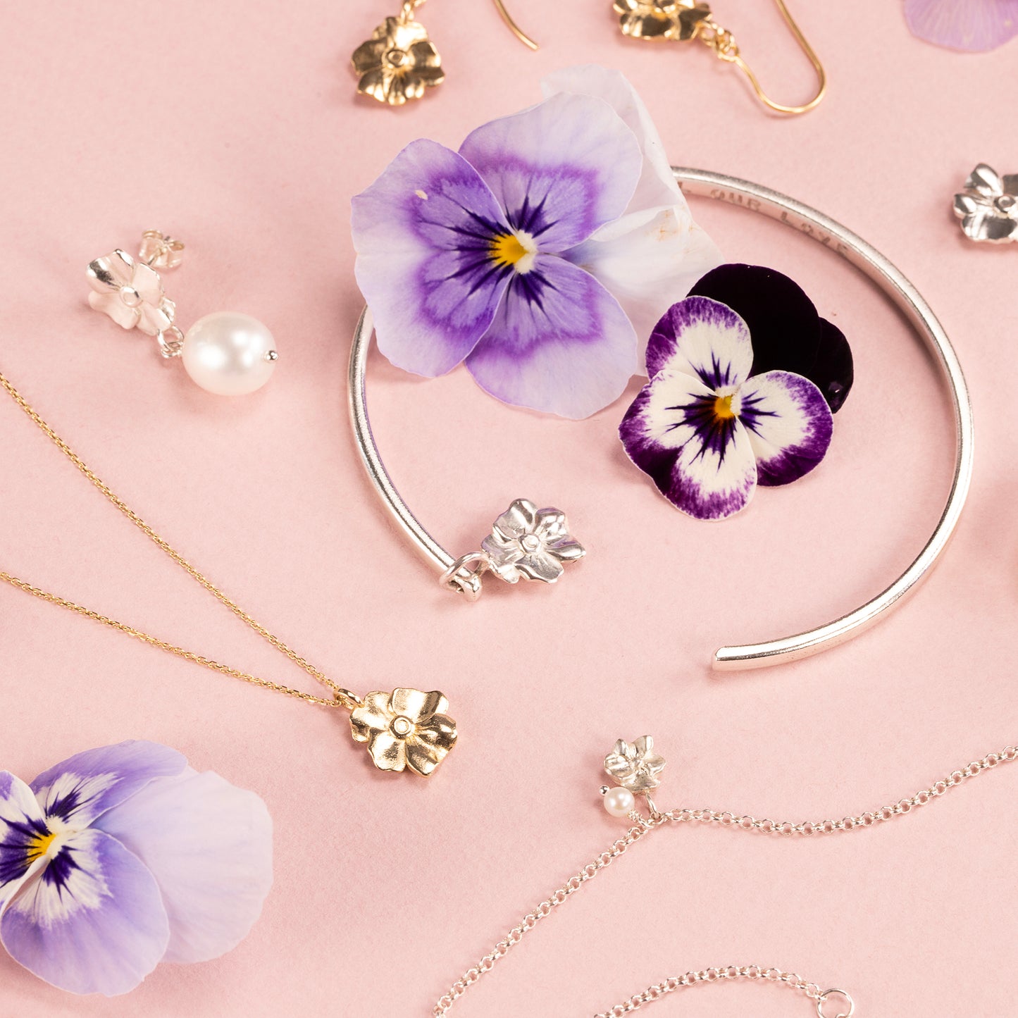 February Birth Flower Jewellery - Personalised Violet Open Cuff Bangle - Silver