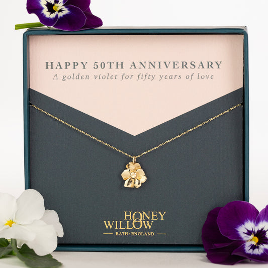 50th Anniversary Gift - Violet Flower Necklace - 9kt Gold