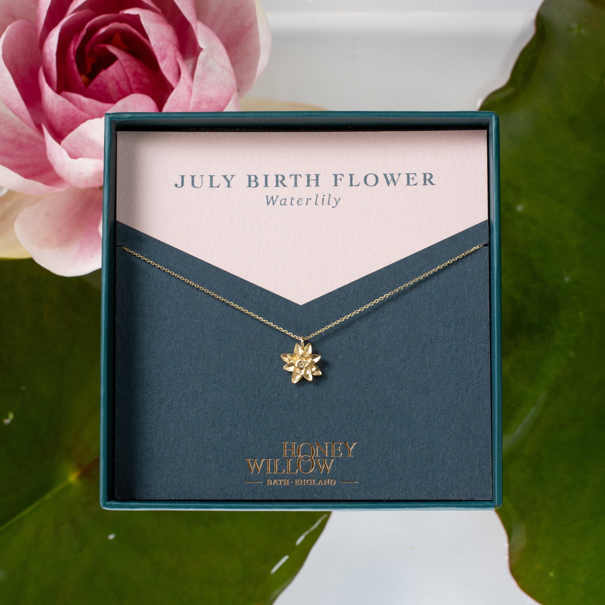 july birth month flower water lily July Birth Flower Necklace - Waterlily - 9kt Gold 20" chain
