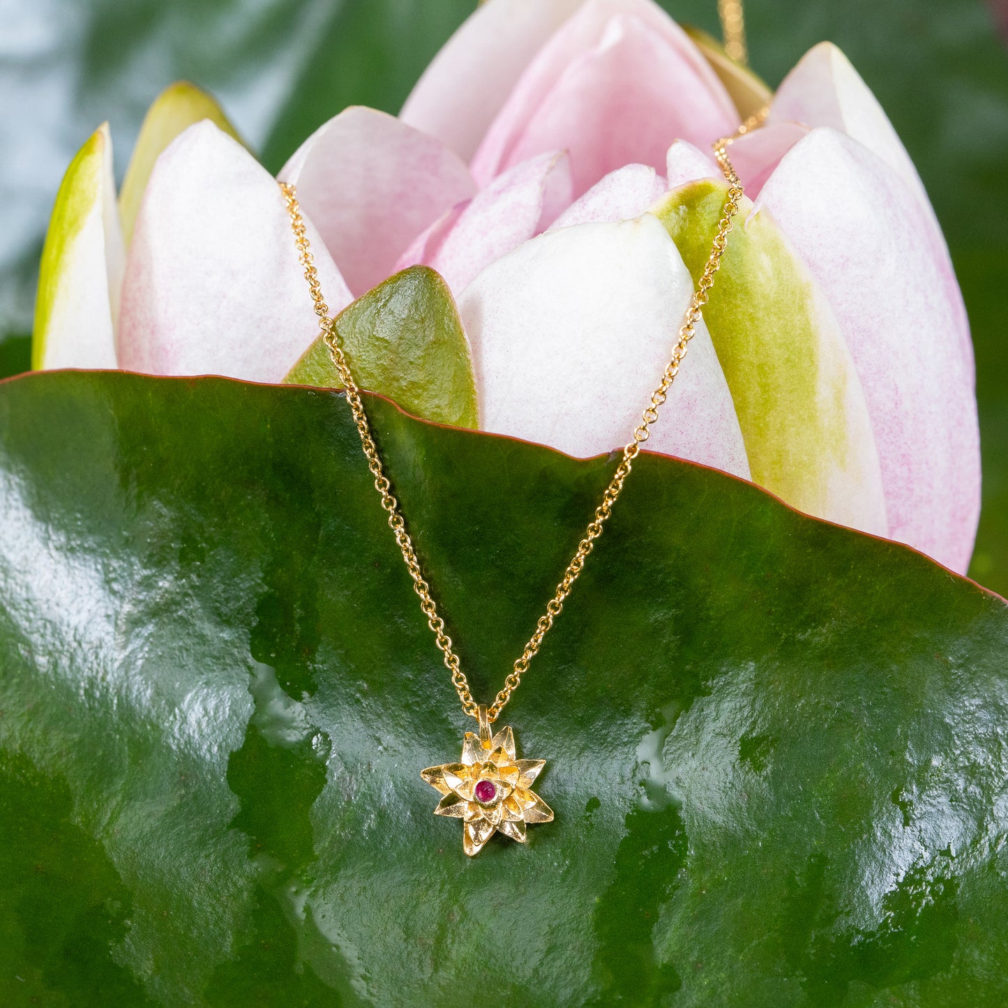 July Birth Flower & Birthstone Necklace - Water Lily & Ruby - 9kt Gold