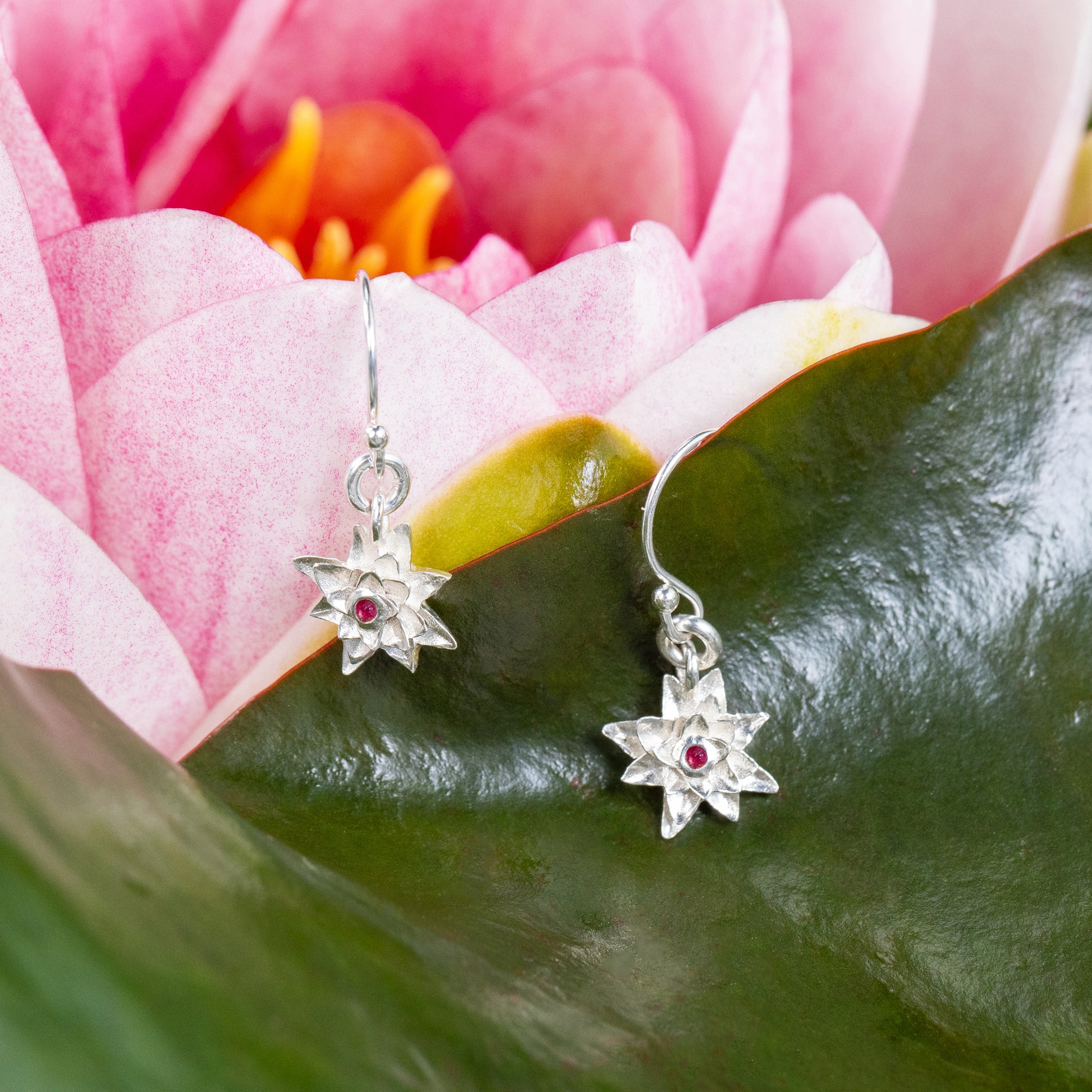 water lily ruby earrings