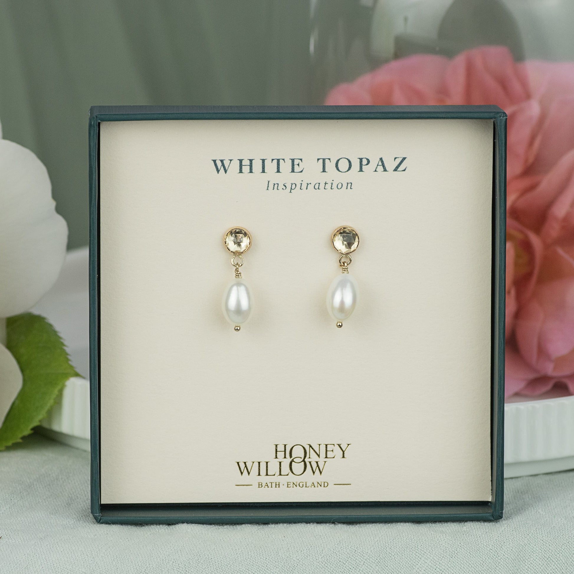 White Topaz & Pearl Earrings - Inspiration - Silver & Gold
