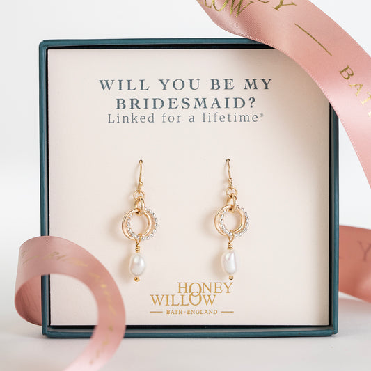 Will You Be My Bridesmaid Gift - Love Knot Pearl Earrings - Silver & Gold