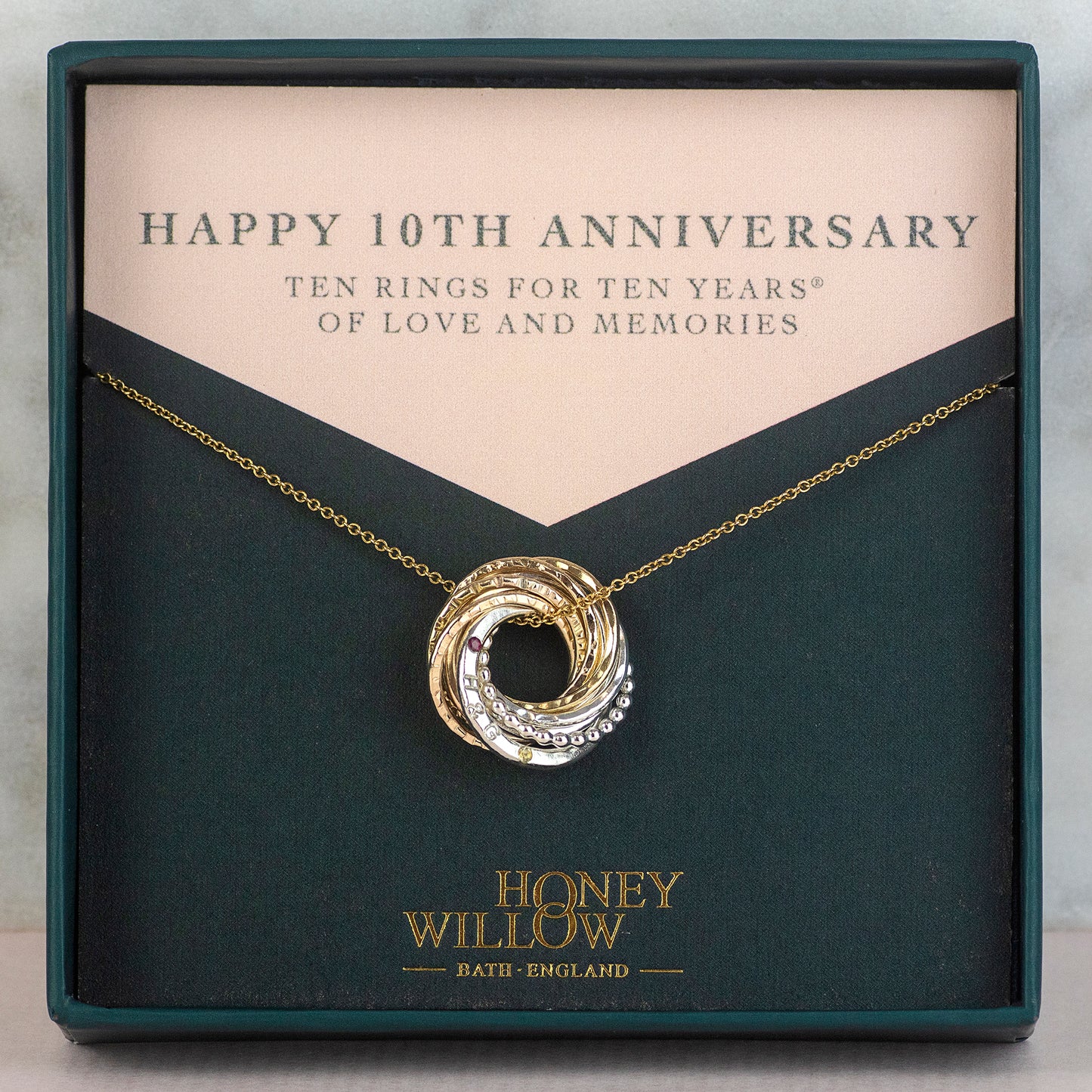 Personalised 10 Year Anniversary Birthstones Necklace - Hand-Stamped - Petite Mixed Metal - 10 Rings for 10 Years®