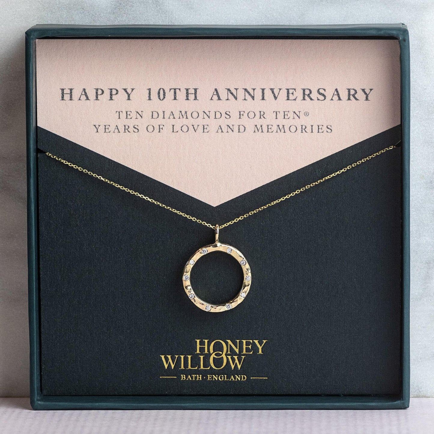 10th Anniversary Gift - 9kt Gold Diamond Halo Necklace - 10 Diamonds for 10® Years