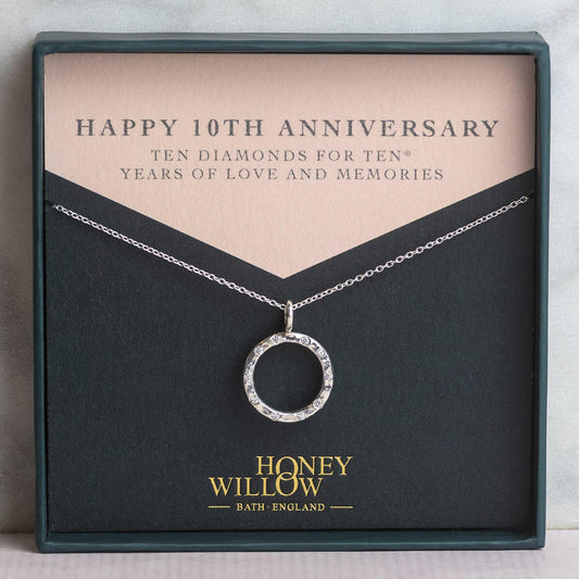 10th Anniversary Gift - Silver Diamond Halo Necklace - 10 Diamonds for 10® Years