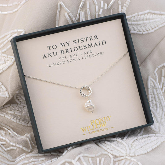 Gift for Sister & Bridesmaid - Love Knot Pearl Necklace - Silver & Gold