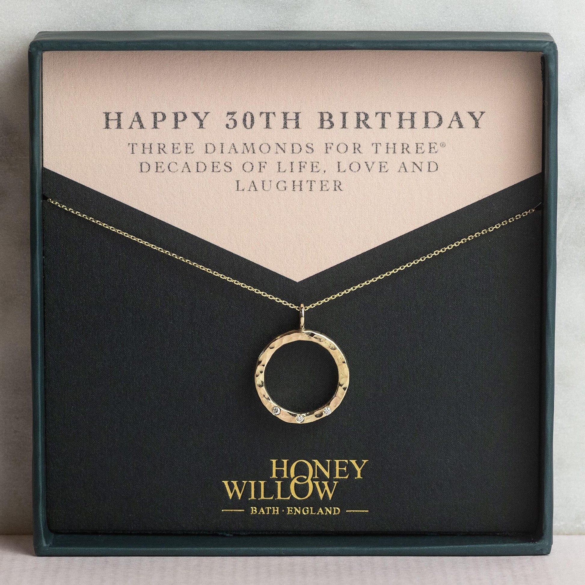 30th Birthday Gift - Recycled 9kt Gold Diamond Halo Necklace - 3 Diamonds for 3® Decades