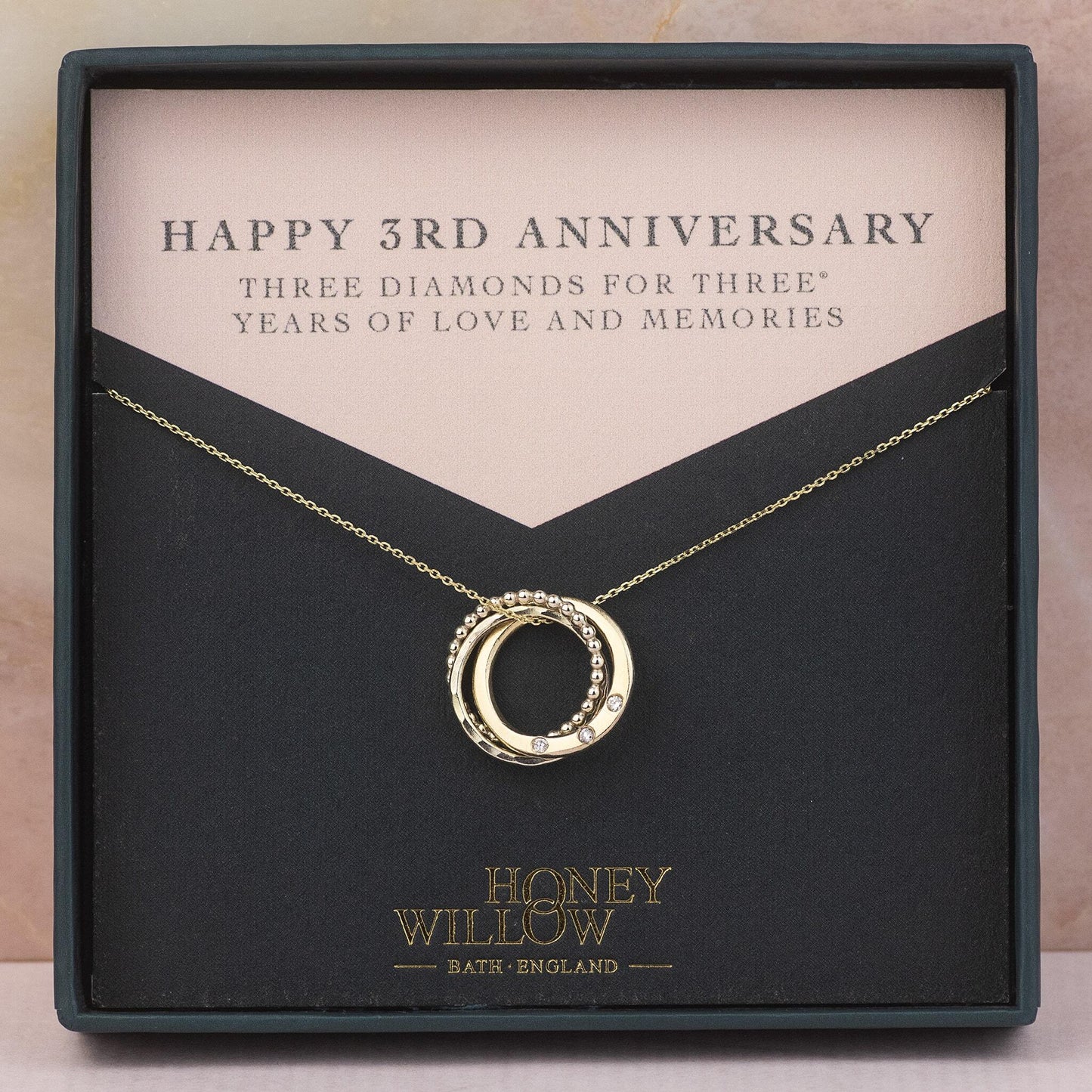 3rd Anniversary Necklace - 9kt Gold - 3 Diamonds for 3 Years