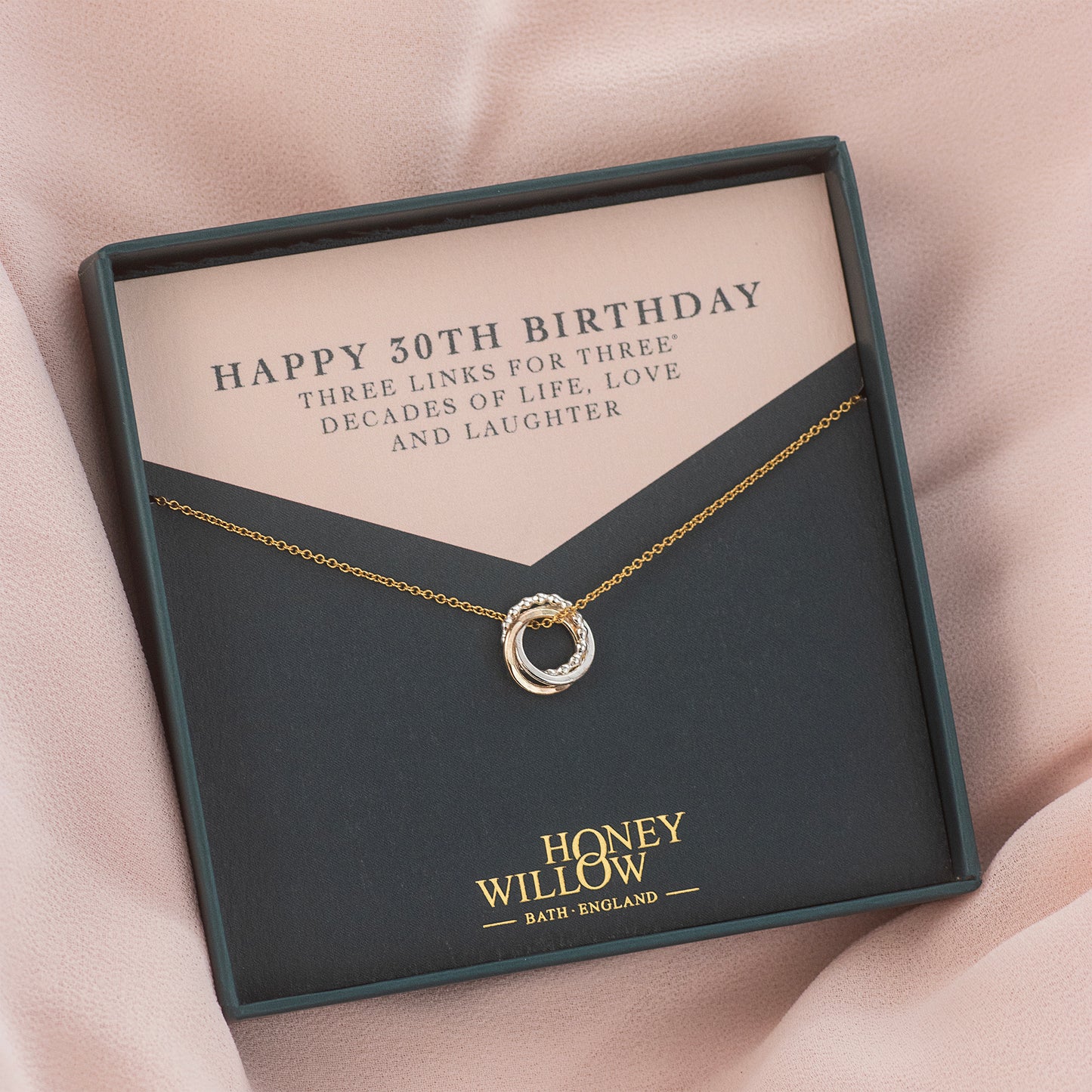 30th Birthday Necklace - Silver & Gold Love Knot - The Original 3 Links for 3 Decades Necklace